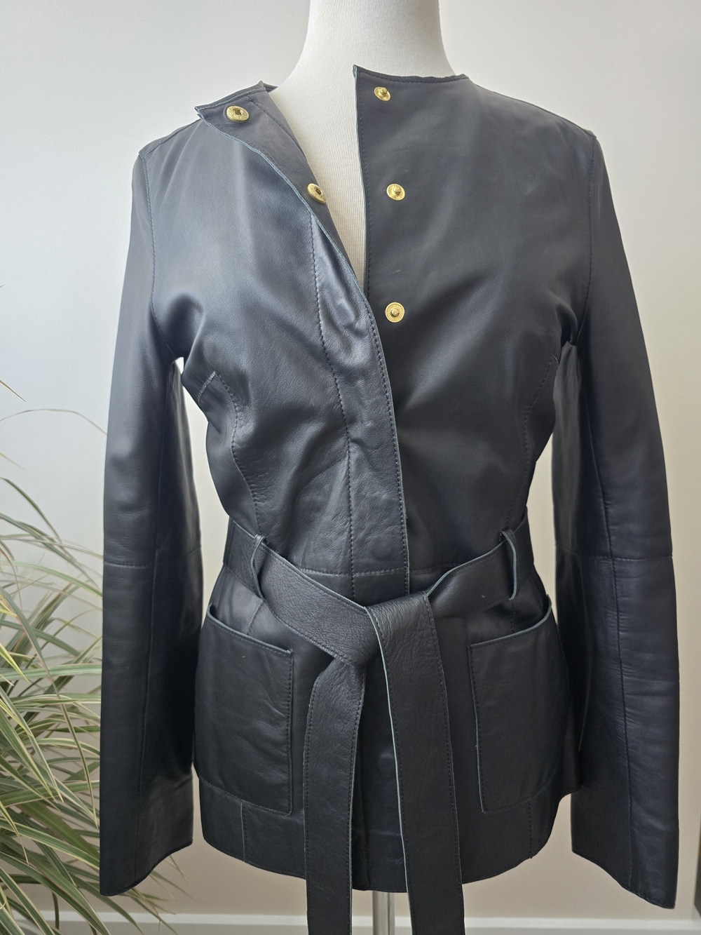 Part Two Leather Women’s Black Belted Jacket with Gold-Tone Snaps Size 36 S Soft